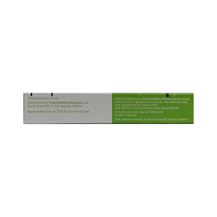 Side view of the Synflorix box highlighting manufacturing details by GlaxoSmithKline Biologicals S.A., Belgium.