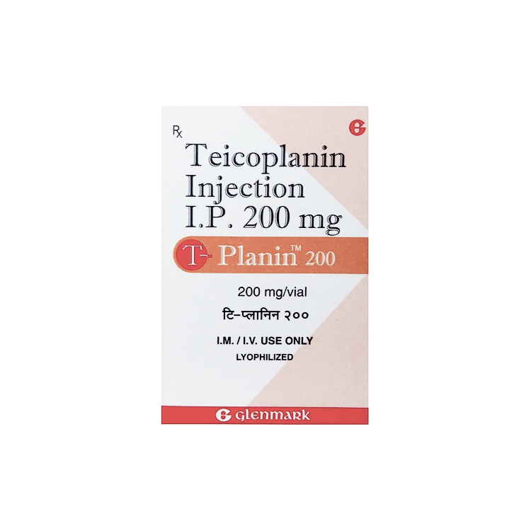 Front view of T-Planin 400 (Teicoplanin Injection I.P. 400 mg) lyophilized vial box by Glenmark indicating I.M./I.V. use.