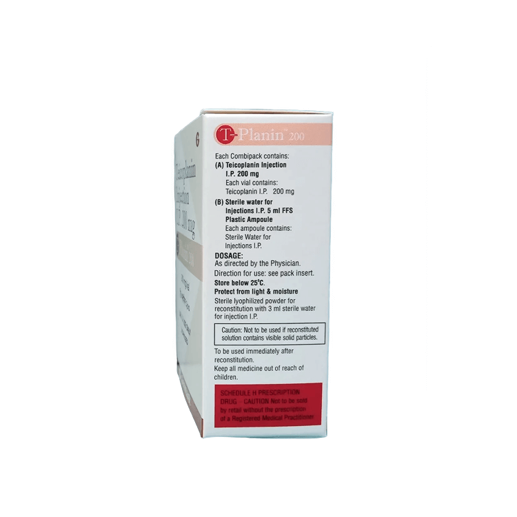 Side view of the T-Planin 200 box by Glenmark showing dosage directions, storage below 25°C, and Schedule H prescription warnings.