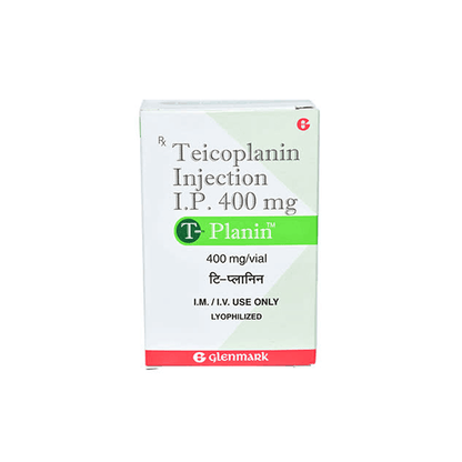 Front view of T-Planin 400 (Teicoplanin Injection I.P. 400 mg) lyophilized vial box by Glenmark indicating I.M./I.V. use.