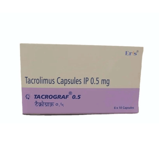 Front of Tacrograf 0.5 mg Tacrolimus Capsules IP box by Eris.