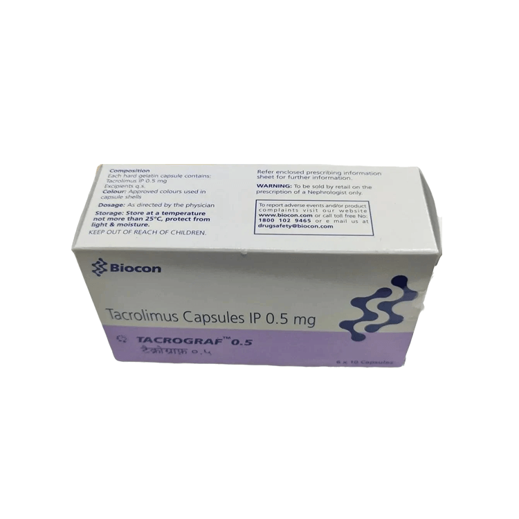 Box of Tacrolimus Capsules IP 0.5 mg by Biocon on a white background