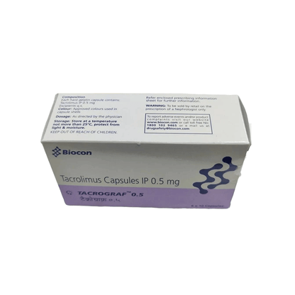 Box of Tacrolimus Capsules IP 0.5 mg by Biocon on a white background