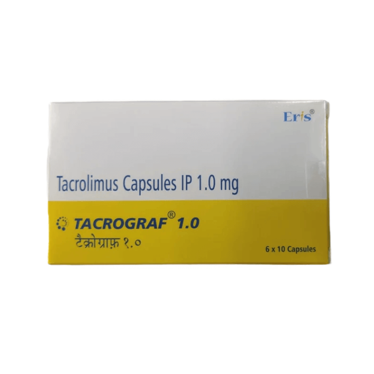Front of Tacrograf 1.0 mg Tacrolimus Capsules IP box by Eris.