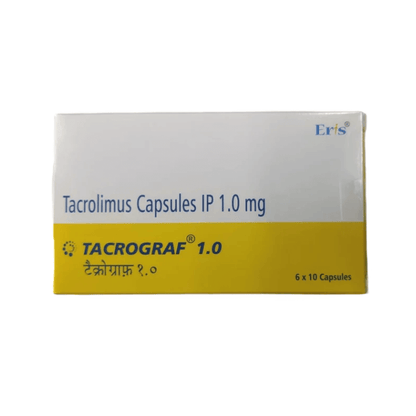 Front of Tacrograf 1.0 mg Tacrolimus Capsules IP box by Eris.