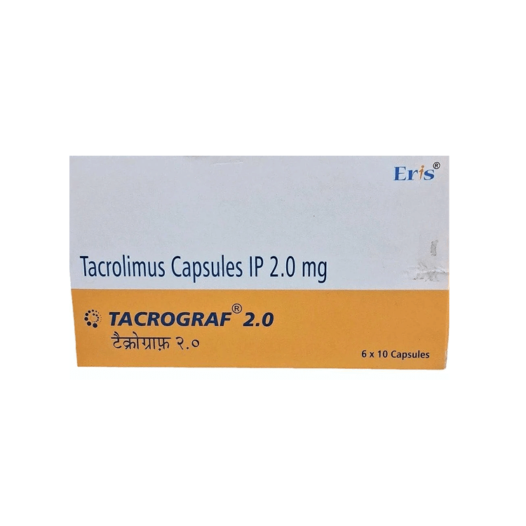 Front of Tacrograf 2.0 mg Tacrolimus Capsules IP box by Eris.