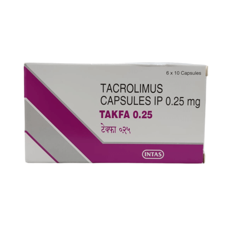 Front of Takfa 0.25 mg Tacrolimus Capsules IP box by Intas Pharmaceuticals.