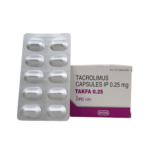 Tacrolimus capsules packaging with blister pack on a white background