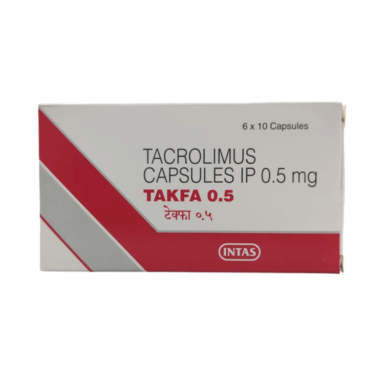 Front of Takfa 0.5 mg Tacrolimus Capsules IP box by Intas Pharmaceuticals.