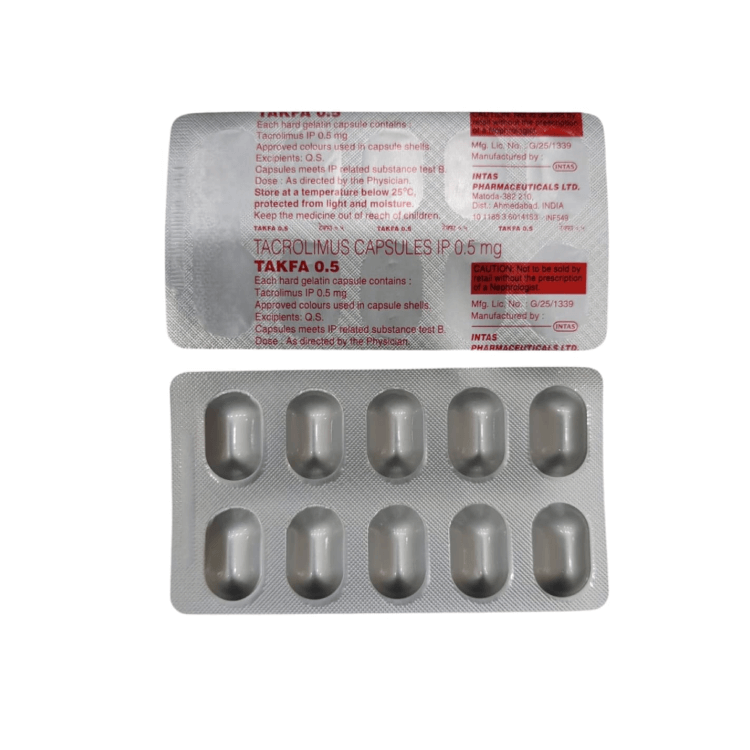  blister pack of Tacrolimus capsules with red and white label on a white background