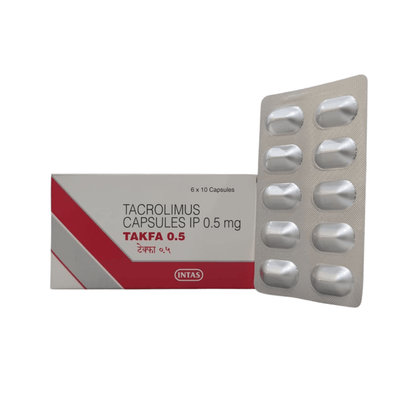 Packaging of Tacrolimus capsules with Intas branding on a white background