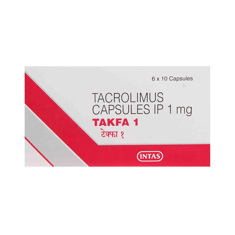 Front of Takfa 1 mg Tacrolimus Capsules IP box by Intas Pharmaceuticals.