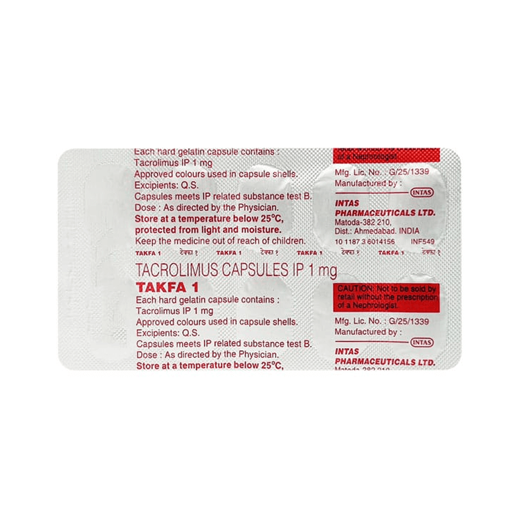 Packaging of Tacrolimus Capsules IP 1 mg by Intas Pharmaceuticals Ltd on a white background