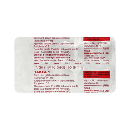 Packaging of Tacrolimus Capsules IP 1 mg by Intas Pharmaceuticals Ltd on a white background