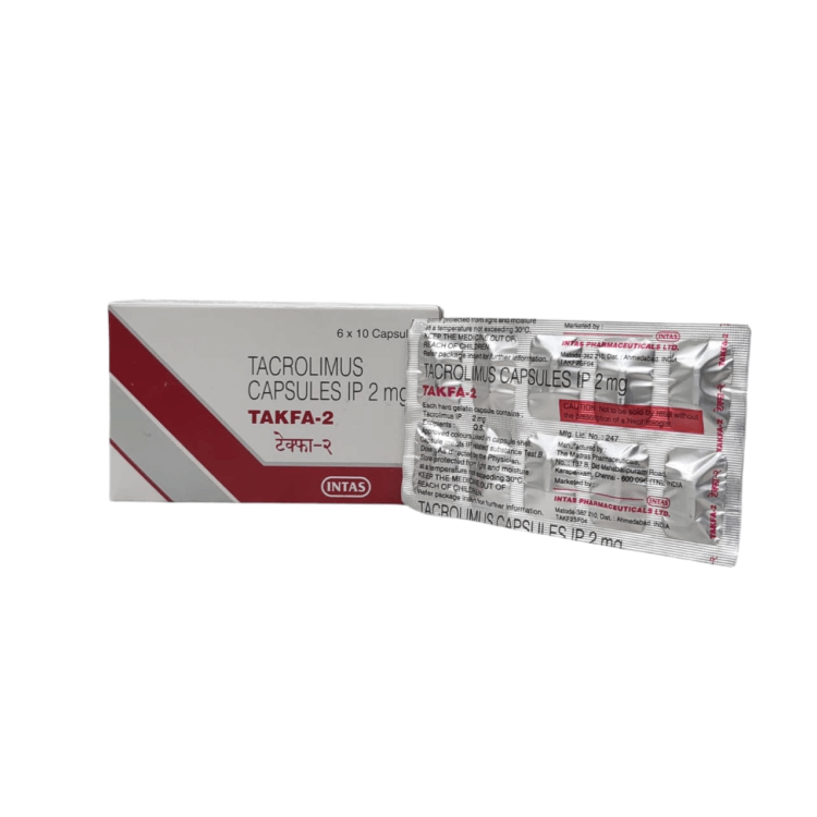 Front of Takfa-2 (2 mg) Tacrolimus Capsules IP box and blister pack by Intas Pharmaceuticals.
