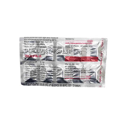 Packaging of Tacrolimus Capsules IP 2 mg with red and black text on a white background