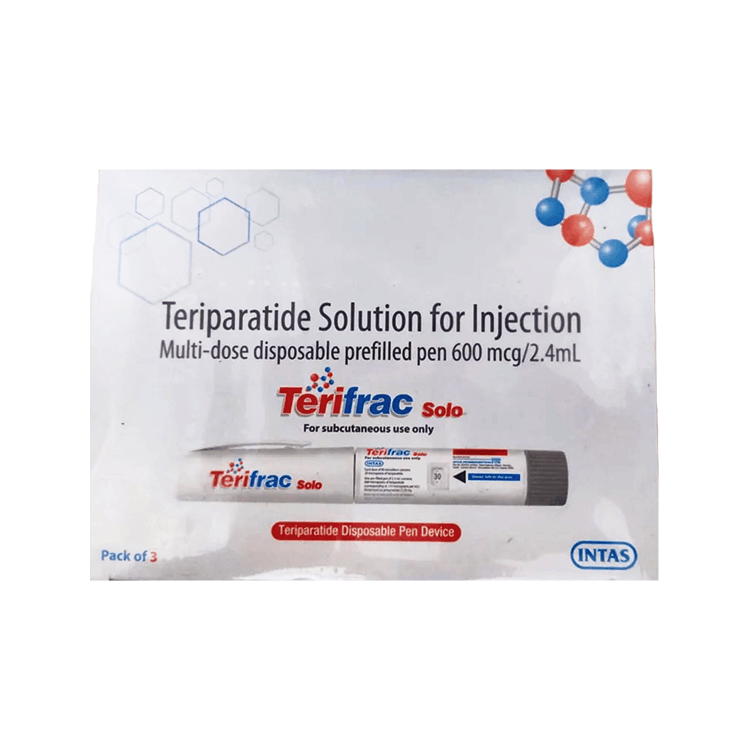 Front of Terifrac Solo Teriparatide 600 mcg prefilled pen Pack of 3 box by INTAS.