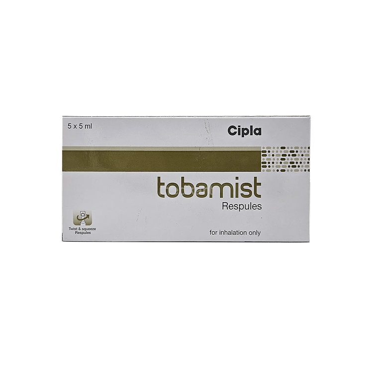 Front view of Tobamist (Tobramycin Inhalation Solution IP 300 mg/5ml) respules 5x5ml box by Cipla indicating "for inhalation only".