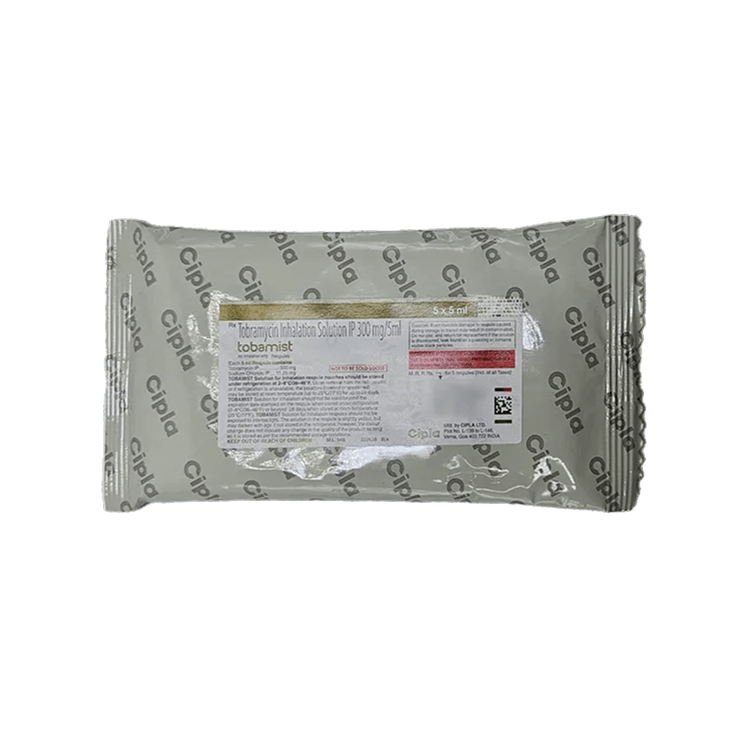 Front view of the protective Tobamist 5x5ml foil pouch packaging by Cipla designed to protect the respules from light.