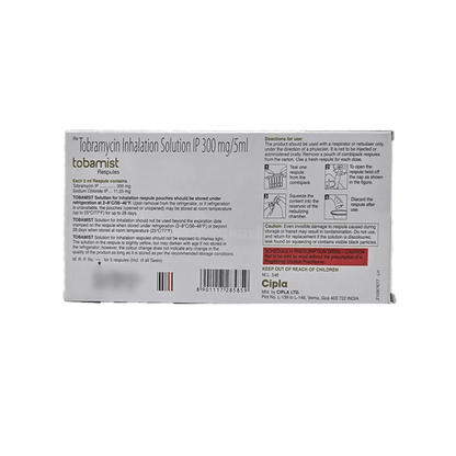 Back view of the Tobamist box by Cipla detailing storage instructions, nebulizer usage directions, and Schedule H prescription warnings.