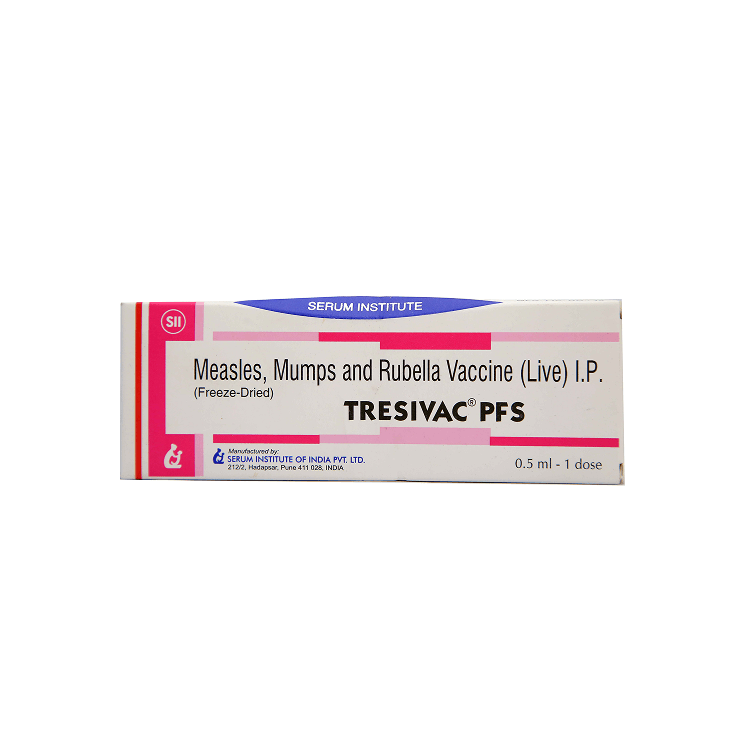 Front view of Tresivac PFS (Measles, Mumps and Rubella Vaccine Live I.P. Freeze-Dried) 0.5 ml single-dose box by Serum Institute of India.