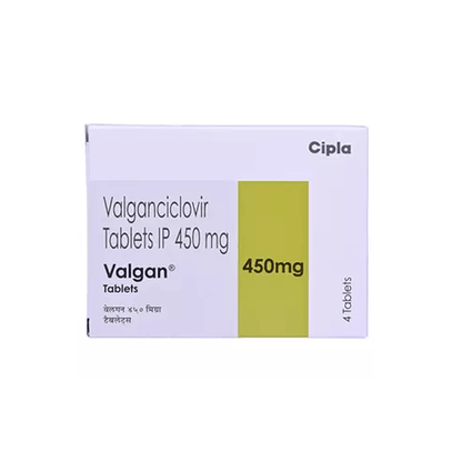 Front view of Valgan Valganciclovir Tablets IP 450 mg box alongside an exposed 4-tablet blister pack by Cipla.