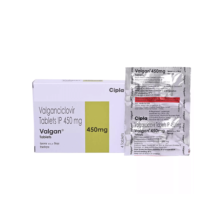 Straight front view of Valgan Valganciclovir Tablets IP 450 mg 4-tablet box by Cipla.
