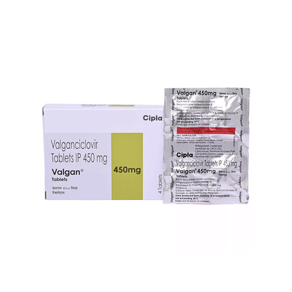 Straight front view of Valgan Valganciclovir Tablets IP 450 mg 4-tablet box by Cipla.