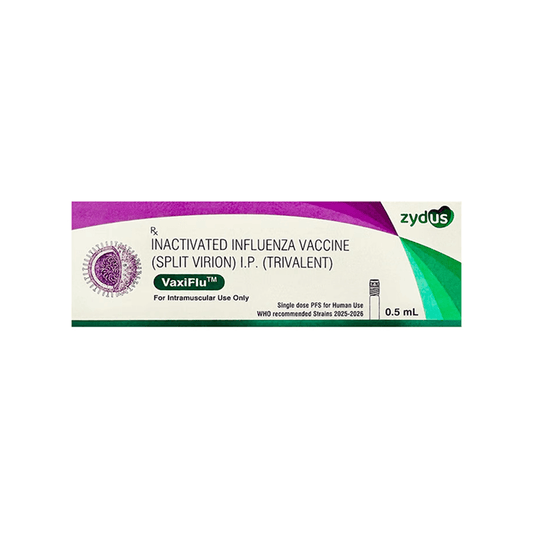 Front view of VaxiFlu (Inactivated Influenza Vaccine Split Virion I.P. Trivalent) 0.5 mL single-dose pre-filled syringe box by Zydus detailing 2025-2026 WHO strains.