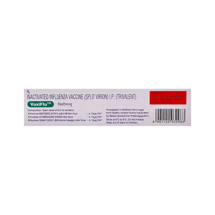 Back view of the VaxiFlu box detailing the specific H1N1, H3N2, and B strain composition, storage at 2°C to 8°C, and prescription warnings by Zydus.