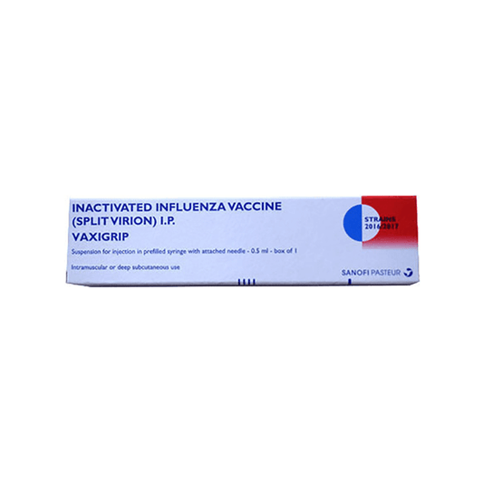 Front view of Vaxigrip (Inactivated Influenza Vaccine Split Virion I.P.) 0.5 ml single-dose pre-filled syringe box with attached needle by Sanofi Pasteur.