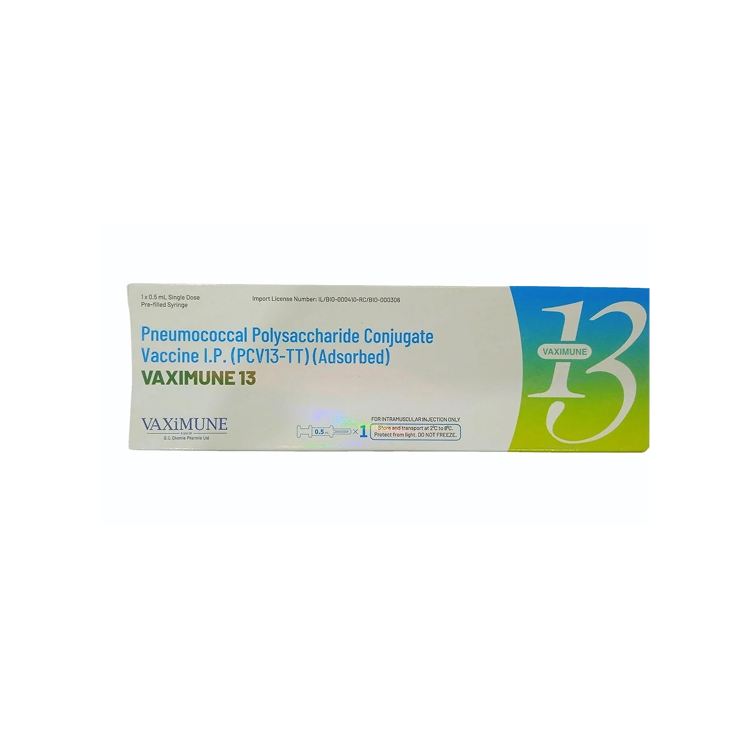 Front view of VAXIMUNE 13 (Pneumococcal Polysaccharide Conjugate Vaccine I.P. PCV13-TT) 0.5 mL single-dose pre-filled syringe box.