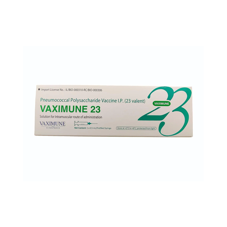 Front view of VAXIMUNE 23 (Pneumococcal Polysaccharide Vaccine I.P. 23 valent) 0.5 mL pre-filled syringe box by G.C. Chemie Pharmie Ltd.