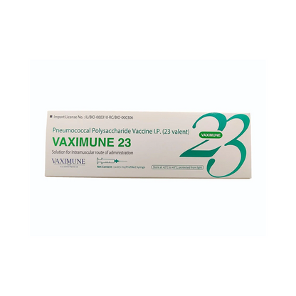Front view of VAXIMUNE 23 (Pneumococcal Polysaccharide Vaccine I.P. 23 valent) 0.5 mL pre-filled syringe box by G.C. Chemie Pharmie Ltd.