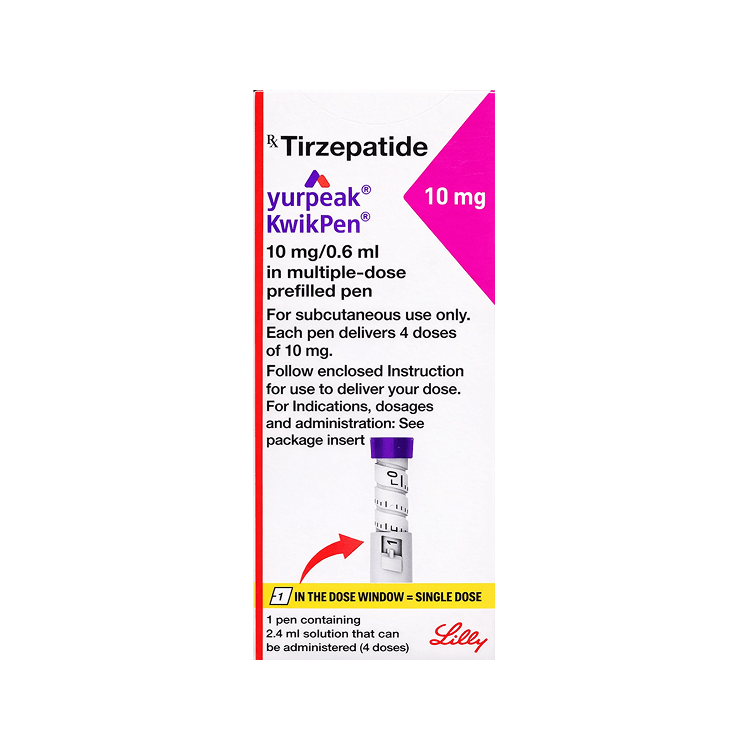 Front of Yurpeak KwikPen 10 mg Tirzepatide prefilled pen box by Lilly.