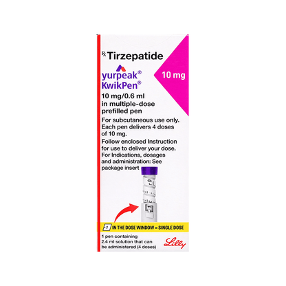 Front of Yurpeak KwikPen 10 mg Tirzepatide prefilled pen box by Lilly.
