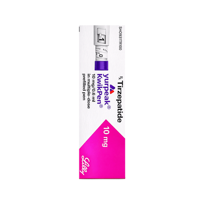 Side of Yurpeak KwikPen 10 mg Tirzepatide prefilled pen box by Lilly.