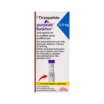 Front of Yurpeak KwikPen 12.5 mg Tirzepatide prefilled pen box by Lilly.