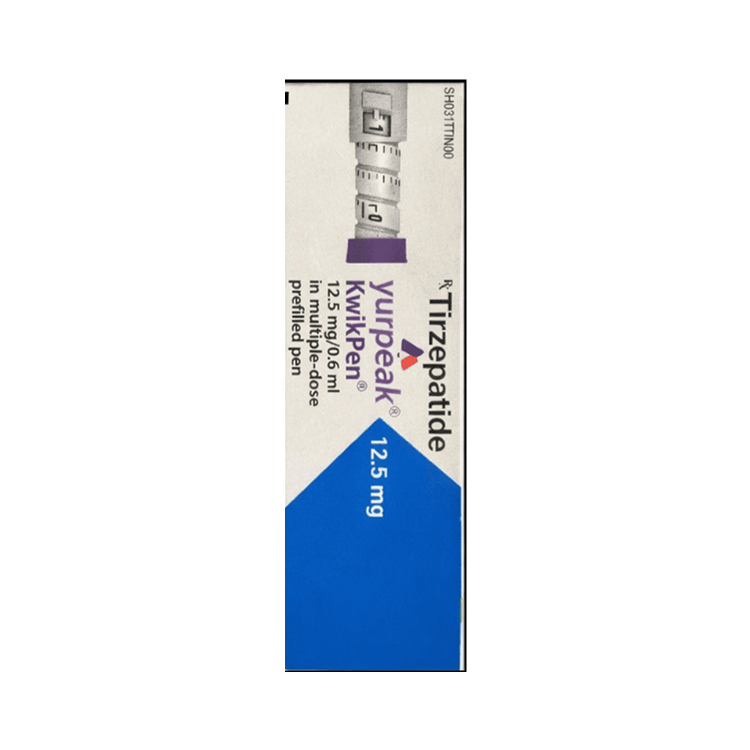 Side of Yurpeak KwikPen 12.5 mg Tirzepatide prefilled pen box by Lilly.