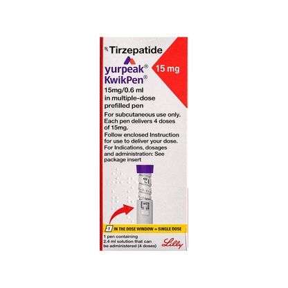 Front of Yurpeak KwikPen 15 mg Tirzepatide prefilled pen box by Lilly.