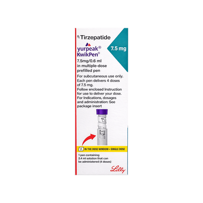 Front of Yurpeak KwikPen 7.5 mg Tirzepatide prefilled pen box by Lilly.