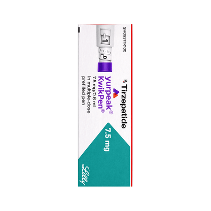 Side of Yurpeak KwikPen 7.5 mg Tirzepatide prefilled pen box by Lilly.