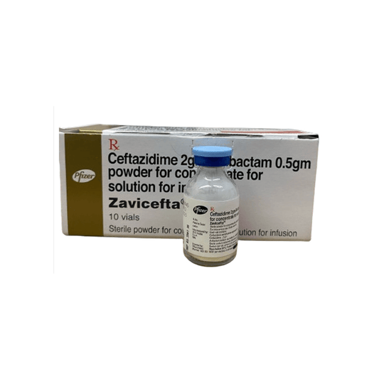 Front view of Zavicefta (Ceftazidime 2gm / Avibactam 0.5gm) sterile powder 10-vial box alongside a single glass vial by Pfizer.