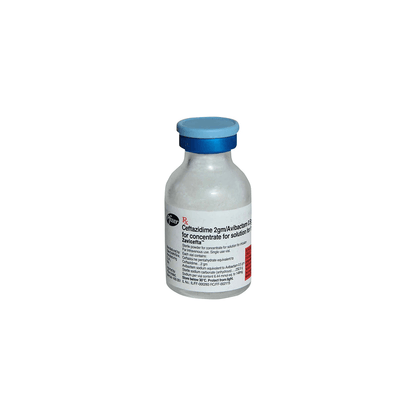 Close-up front view of the Zavicefta sterile glass vial containing white powder for IV infusion by Pfizer detailing storage below 30°C.