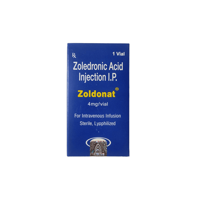 Front view of Zoldonat 4mg Zoledronic Acid Injection box by Natco Pharma, showing it is a sterile, lyophilized powder for intravenous infusion.