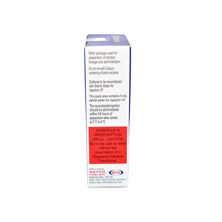 Side view of Zoldonat 4mg box displaying reconstitution instructions, storage guidelines at 2 to 8 degrees Celsius, and the Schedule H prescription drug warning.