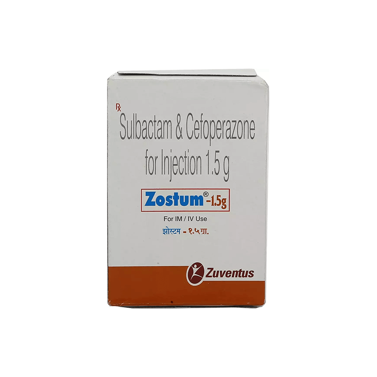 Front view of Zostum-1.5g (Sulbactam & Cefoperazone for Injection 1.5g) box by Zuventus.