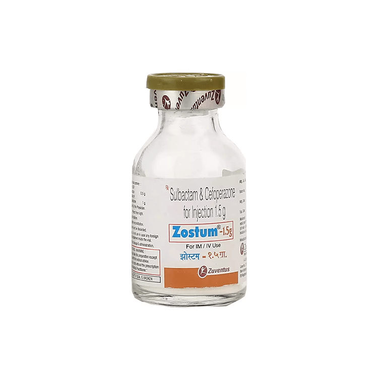 Front view of the Zostum-1.5g sterile glass vial with a gold cap for IM/IV use by Zuventus.